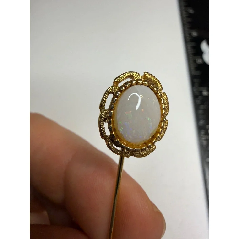 Vintage Gold Tone Faux Opal Stick Pin Scalloped Oval Cabochon Lapel Pin 2.5 Inch